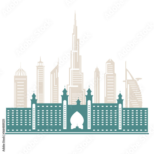 United Arab Emirates skyscrapers silhouette. Dubai buildings, hotels and symbol vector illustration. Dubai city skyline. Towers and landmarks cityscape. Camel. Design for banner, poster or print.