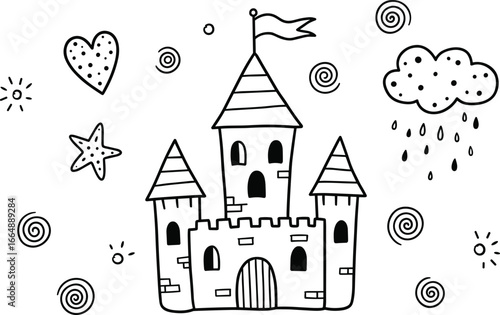 Whimsical hand-drawn illustration of a fairy tale castle with playful clouds, hearts, stars, and swirls in black and white, perfect for children’s designs