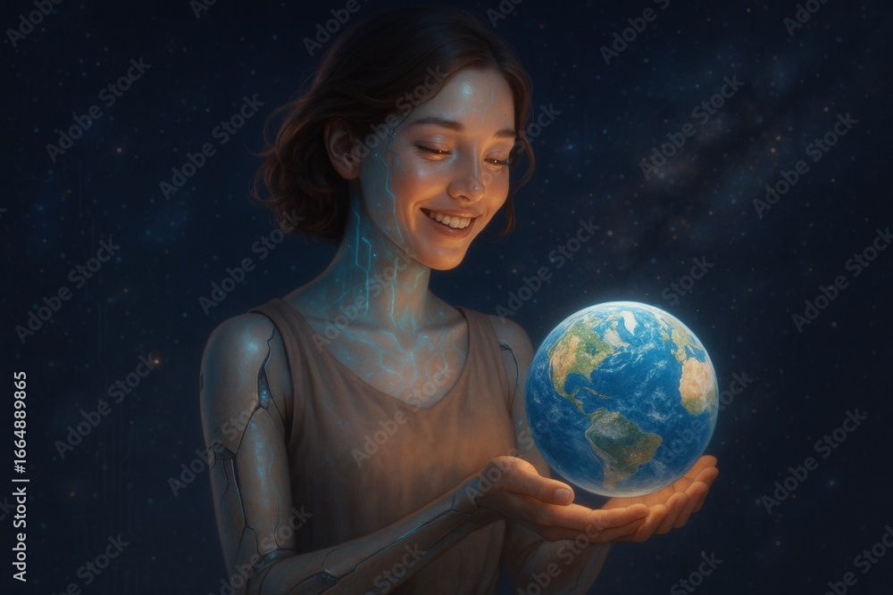Naklejka premium Futuristic Woman Holding Earth in Space — Emotional Tech Harmony