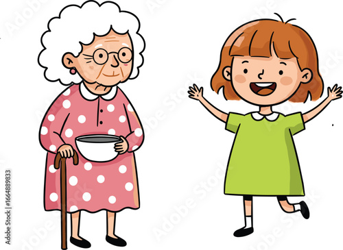 Cartoon vector illustration of happy little girl with grandmother, family generation bond, senior woman with child, cute character drawing, lifestyle concept