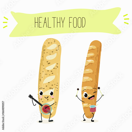 Baked food, french baguette, funny characters, hand drawn vector illustration.