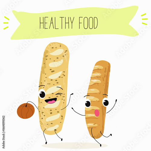 Baked food, french baguette, funny characters, hand drawn vector illustration.