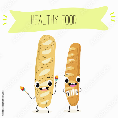 Baked food, french baguette, funny characters, hand drawn vector illustration.