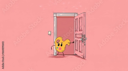 A whimsical cartoon palette character standing before an open door in a pastel pink room