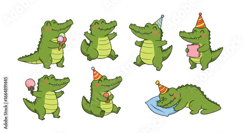 Charming collection of cartoon crocodiles celebrating with party hats and sweet treats