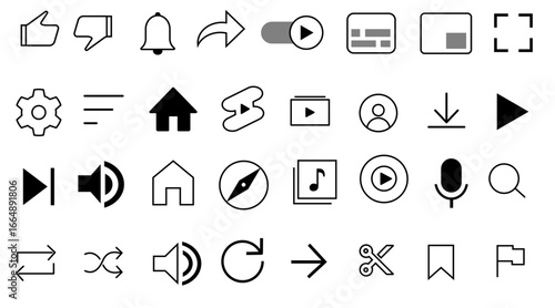 YouTubeやブラウザ操作を想定したシンプルな白黒のUIアイコンセット | Simple Black and White UI Icon Set for YouTube and Browser Interface