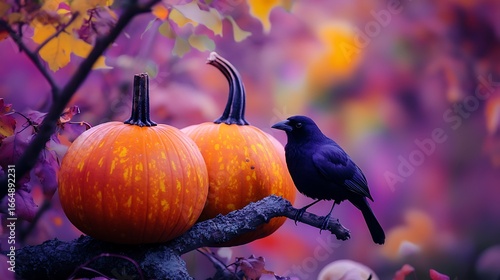 Autumn pumpkins in purple Halloween setting orange yellow and orange-yellow with black bird on a tree branch