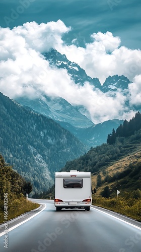 Motorhome Road Trip White RV Driving Through Stunning Mountain Scenery Under Cloudy Skies