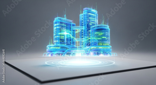 Futuristic city hologram with blue glowing lines and a bright circular light underneath it