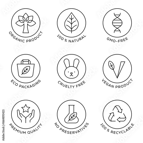 Minimal Eco Product Badges Featuring Organic Natural Vegan Cruelty Free GMO Free and Recyclable Icons