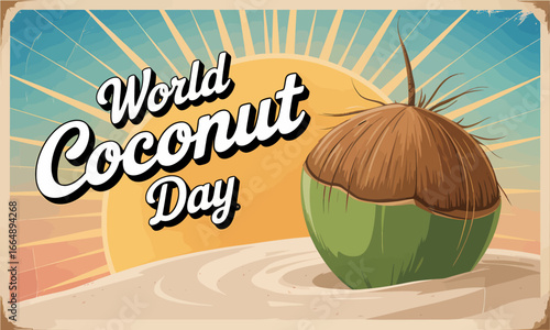 World coconut day retro style poster with coconut fruit, typography and sunburst background celebrating tropical holiday, exotic culture, summer vibes and food illustration vector