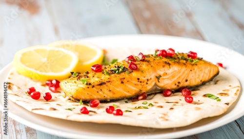 A delicious, seasoned salmon fillet sits atop a warm tortilla, garnished with pomegranate seeds and fresh herbs, accompanied by lemon slices, creating a visually appealing and flavorful dish.