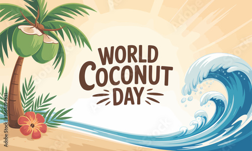 Hand drawn coconut day wave design with palm leaves, coconuts and ocean splash art celebrating world coconut day cultural holiday, tropical summer lifestyle and healthy exotic food holiday illustratio