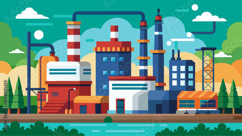 Flat illustration of a modern industrial factory with chimneys, pipelines and colorful buildings surrounded by trees