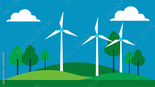 Minimal flat illustration of wind turbines on green hills with stylized trees and clouds in a clear blue sky