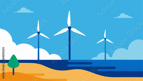 Flat illustration of offshore wind turbines by the sea with sandy coast, blue sky and minimal clouds