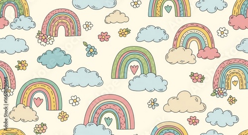 Pastel seamless pattern with cute rainbows, clouds, and flowers on a light background