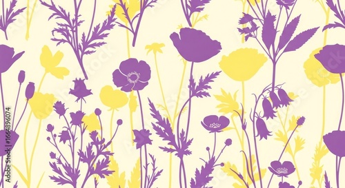 Wallpaper Mural Silhouettes of wildflowers in purple and yellow against a cream background create a vibrant, repeating pattern of stems, leaves, and blooms Torontodigital.ca