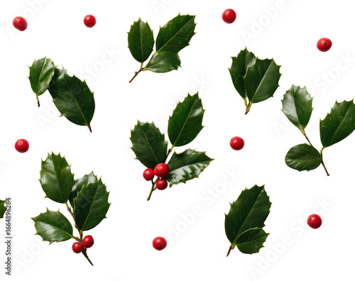 Holly leaves and berries, festive pattern