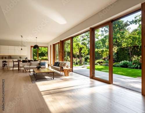 Bright modern living room with garden view and sliding doors bringing the outside in  creating a serene atmosphere