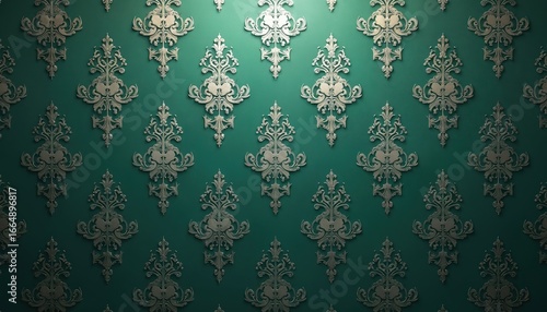 Rich emerald green room interior with repeating damask pattern. Walls feature small white lines, creating depth, texture. Two-toned green color scheme, darker left, lighter right. Gray border adds