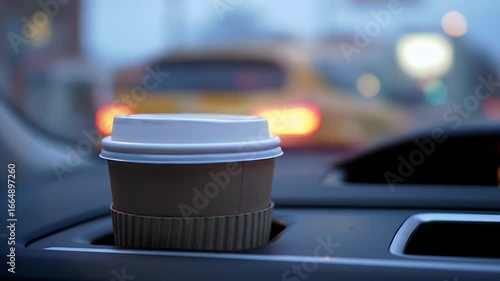 Close Up of Coffee Cup Inside a Car With White Lid on Console With Blurred City Lights During Night Driving