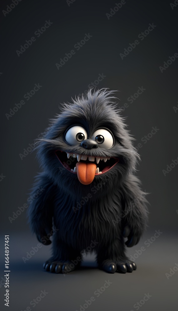 Fototapeta premium A cute and fluffy black monster with a funny face, sticking its tongue out, perfect as a playful phone wallpaper background