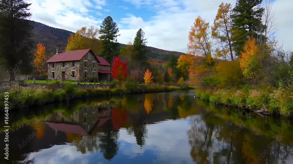 Idyllic Autumnal River Scenery Featuring a Quaint Stone Cottage Reflecting in the Calm Water With Colorful Foliage and Idyllic Autumnal River Scenery Featuring a Quaint Stone Cottage Reflecting in the Calm Water With Colorful Foliage and