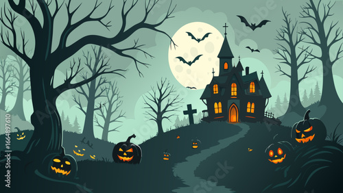 Haunted Halloween House on Hill with Pumpkins, Bats, Spooky Trees, and Full Moon