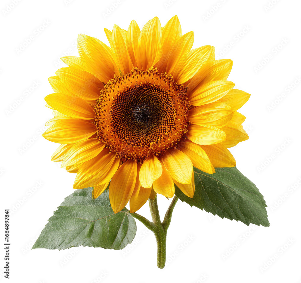 Naklejka premium Bright yellow sunflower, centered, with dark brown disk and green leaves