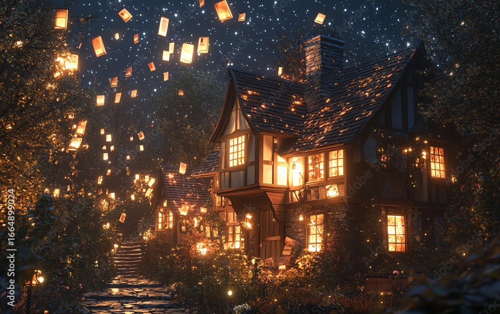 Naklejka premium Side view of a quaint farm with glowing books floating in the air, illuminating the night sky, bridging old and new, magical harmony