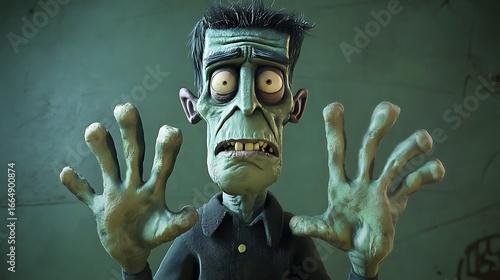 Cartoon Frankenstein with exaggerated features and large hands