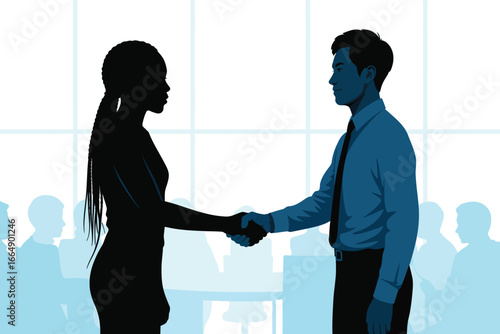 Business professionals shaking hands in modern office with conference table and seated colleagues, symbolizing agreement and teamwork