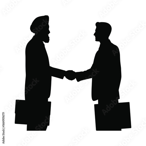 Silhouette of two business professionals shaking hands with briefcases, one wearing a turban, symbolizing global cooperation and mutual respect