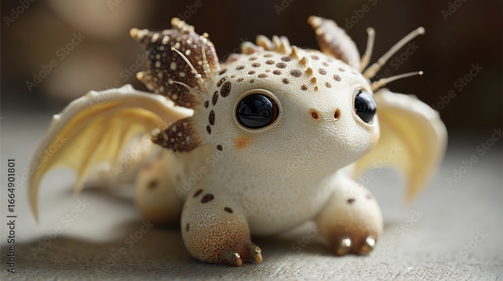 Fototapeta premium Spotted, cute dragon with small wings rests on a surface