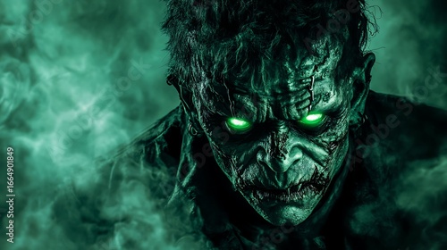 Halloween Frankenstein monster with ragged clothes and glowing green eyes
