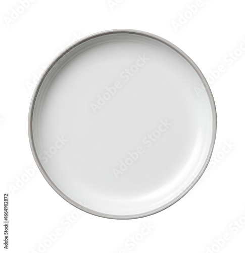 Round, white plate with a light gray rim