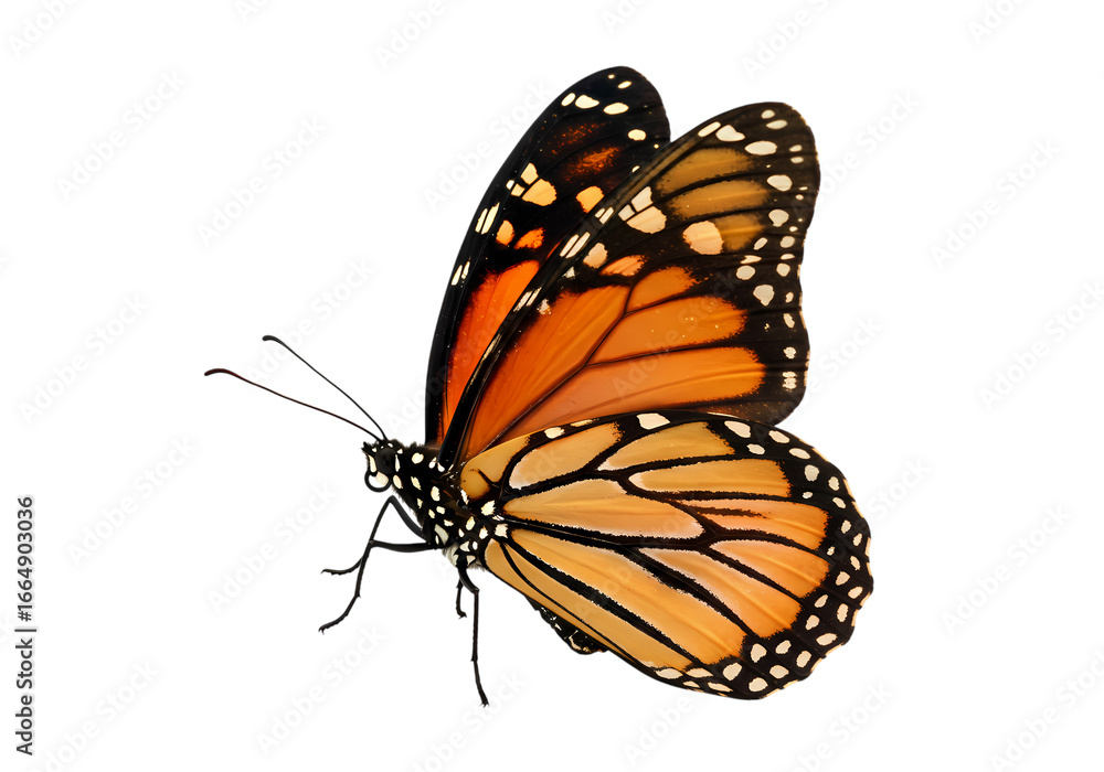Fototapeta premium Monarch Butterfly Profile Vibrant Wings on Black Background isolated on transparent background
