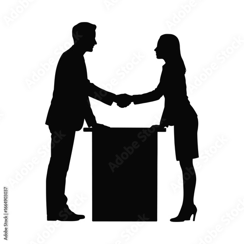 Silhouette of man and woman shaking hands across a podium, symbolizing professional agreement, gender balance, and mutual cooperation