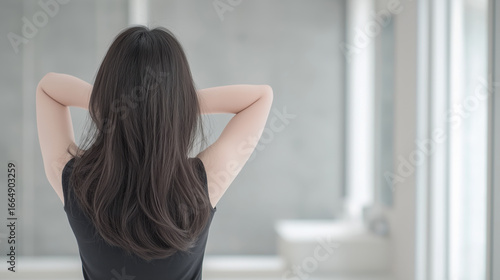 美しい髪と素肌の女性、後ろ姿、日本人・アジア人女性。Generative AI