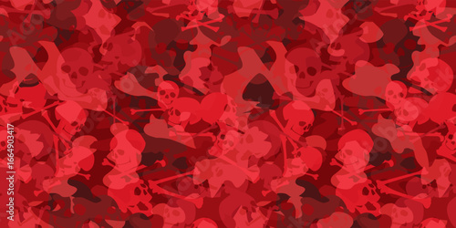 Skull-themed camo background in red. Seamless repeating pattern. Stock vector illustration for your design.