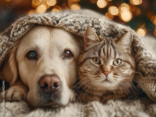 Adorable dog and cat snuggling under a cozy blanket during winter holidays at home