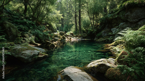 A tranquil forest scene featuring a clear pond surrounded by lush greenery and rocks covered