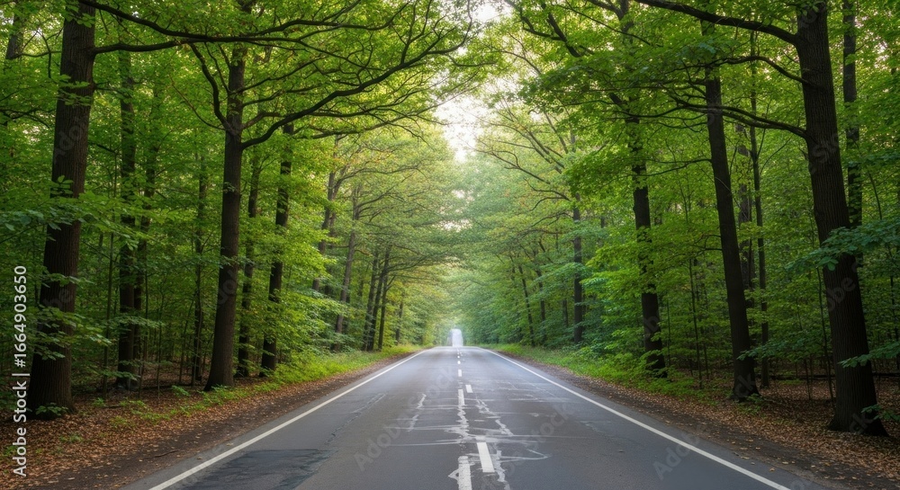 Fototapeta premium A straight road disappears into a sunlit distance, framed by tall green trees forming a canopy above the asphalt path