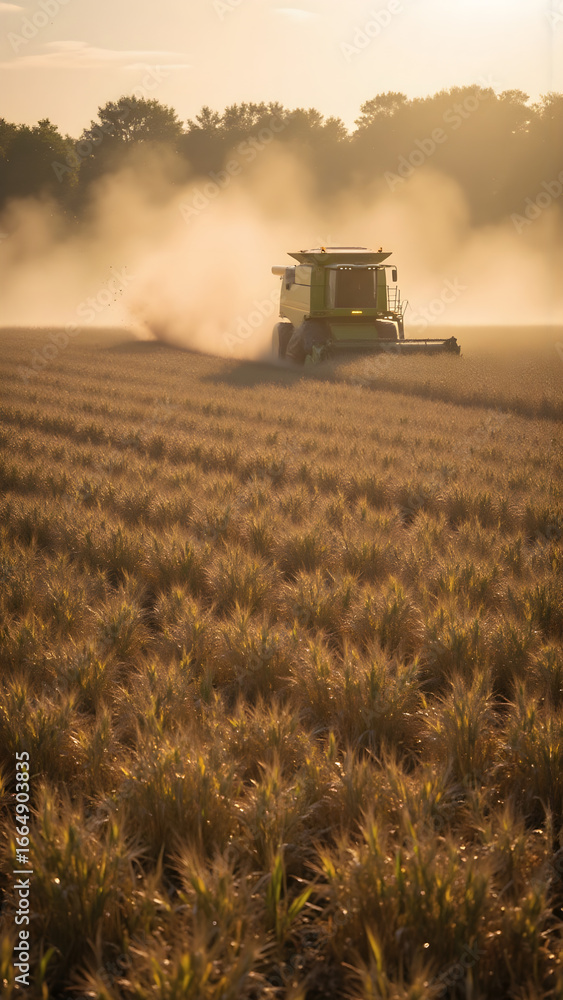 Fototapeta premium Mähdrescher bei der Ernte im Sonnenlicht - Cooles Wallpaper - Magisches Hintergrundbild