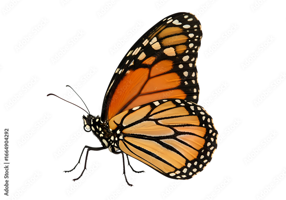 Fototapeta premium Monarch Butterfly Profile Vibrant Wings on Black Background isolated on transparent background