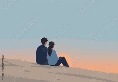 Couple sits together on a hill watching a pastel sky sunset for ad or blog use