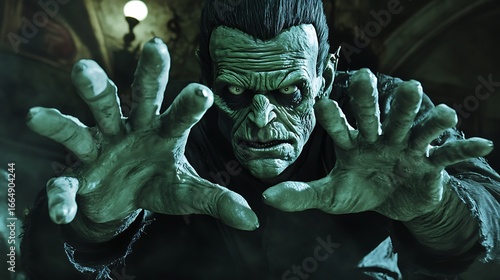 Frankenstein monster with large green hands and a spooky Halloween setting