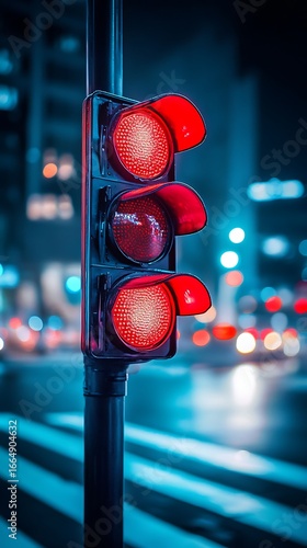 Red Traffic Light at Night with Blurred Cityscape Background, Waiting on Intersection