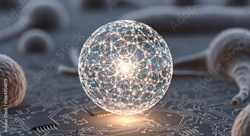 Glowing network sphere on circuit board with blurred cells in the background